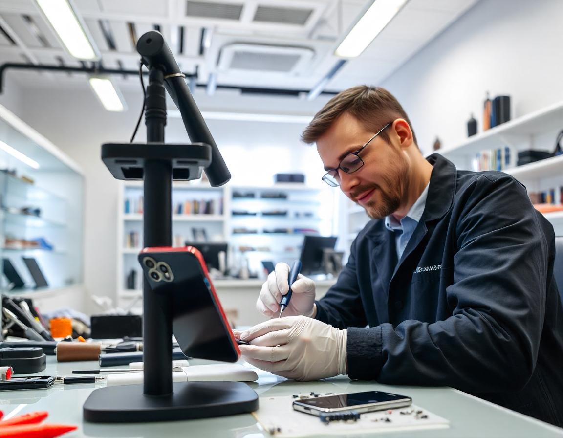 Professioneller Techniker in einer modernen Smartphone-Reparaturwerkstatt, der sorgfältig an einem Smartphone arbeitet, um die Fehler von DIY-Handyreparaturen mit Präzisionswerkzeugen zu beheben.