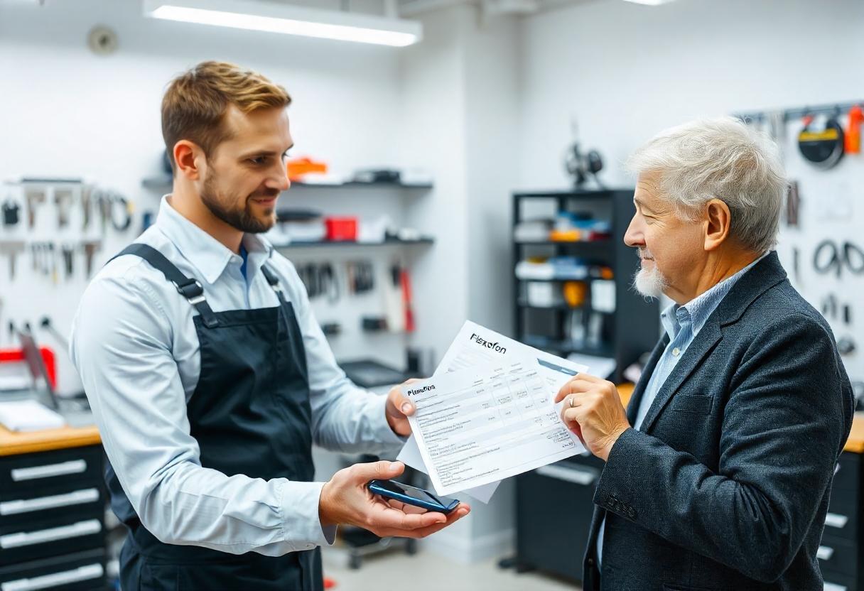 Techniker übergibt Kostenvoranschlag für Handyreparaturen bei Flexofon an Kunden im Laden.