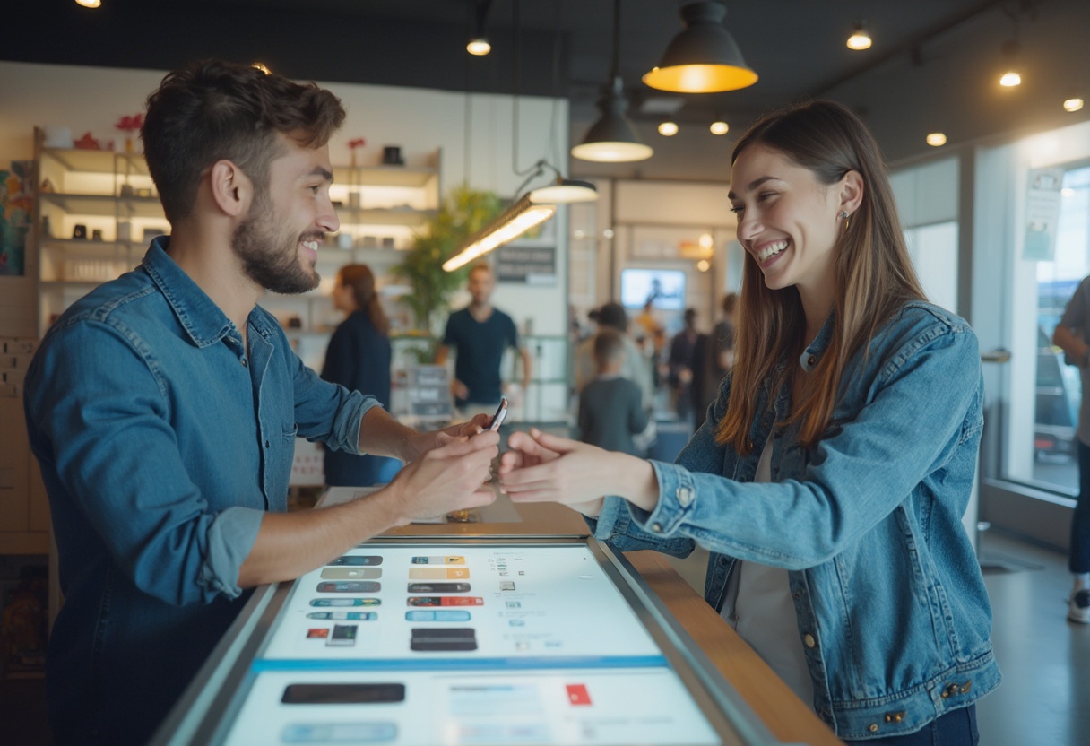 Ein Kunde übergibt ein Mobiltelefonen an einen Mitarbeiter im Flexofon-Geschäft während eines freundlichen Austauschs.