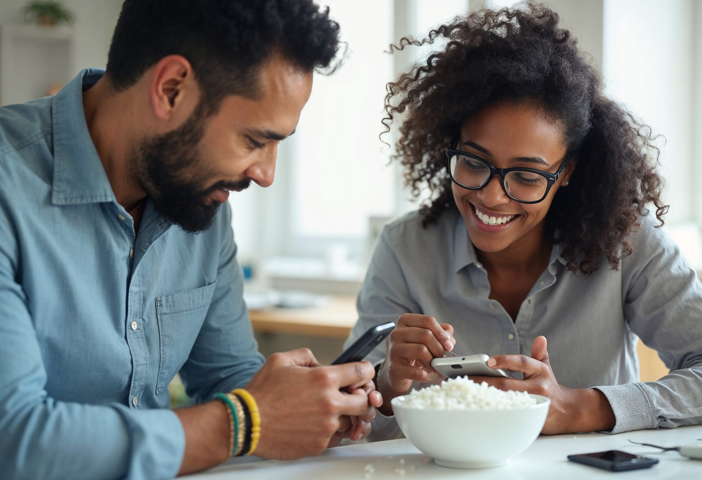 Ein Mann und eine Frau führen eine DIY-Handyreparatur durch, indem sie ihre Smartphones in einer Schüssel mit Reis trocknen, um sie nach einem Wasserschaden zu retten.