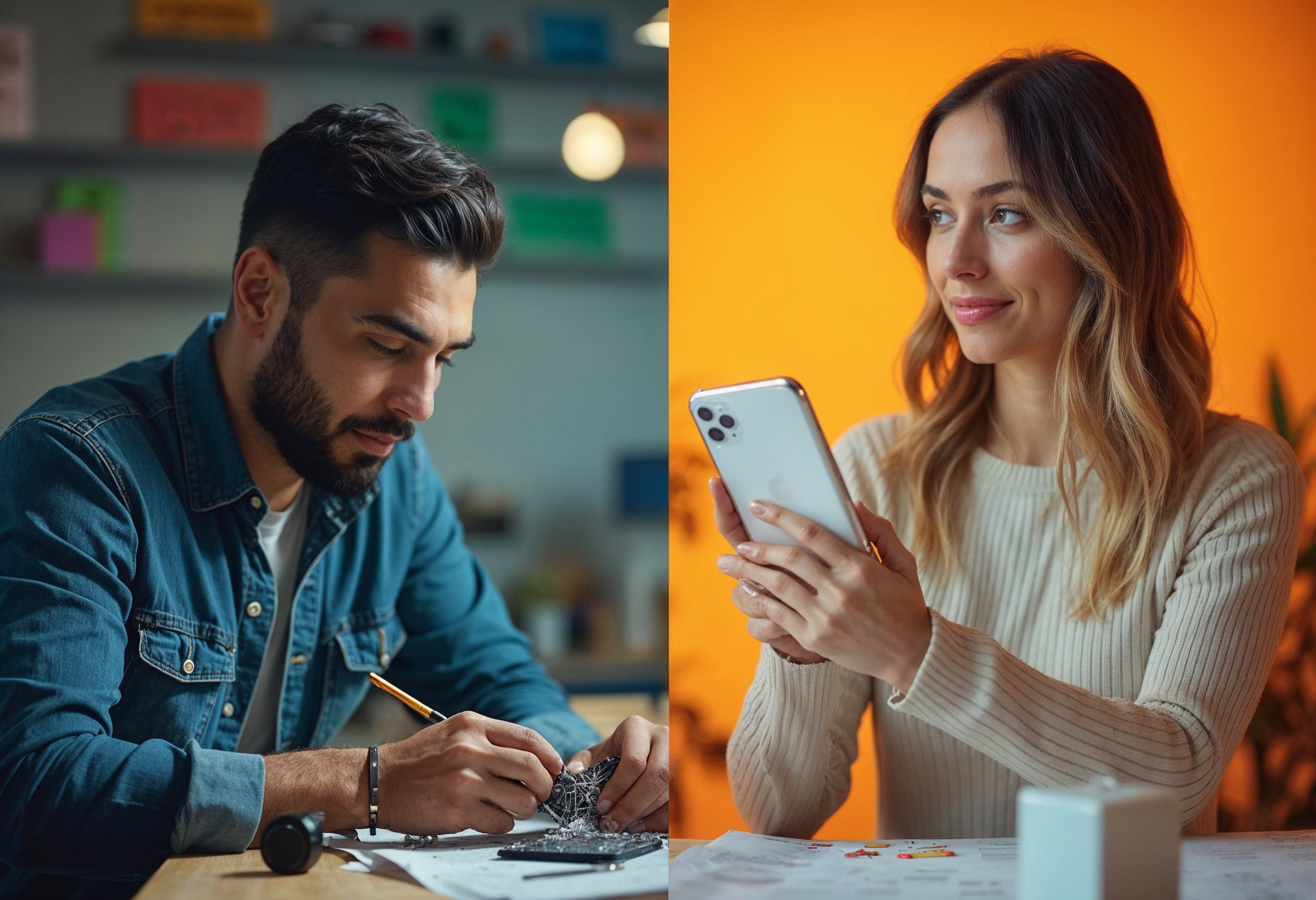 Ein Mann repariert ein defektes Handy, während eine Frau ein neues Handy mit einem passenden Mobilfunktarif in der Hand hält, um die Entscheidung zwischen Handyreparatur und Neukauf mit Tarifwechsel darzustellen.