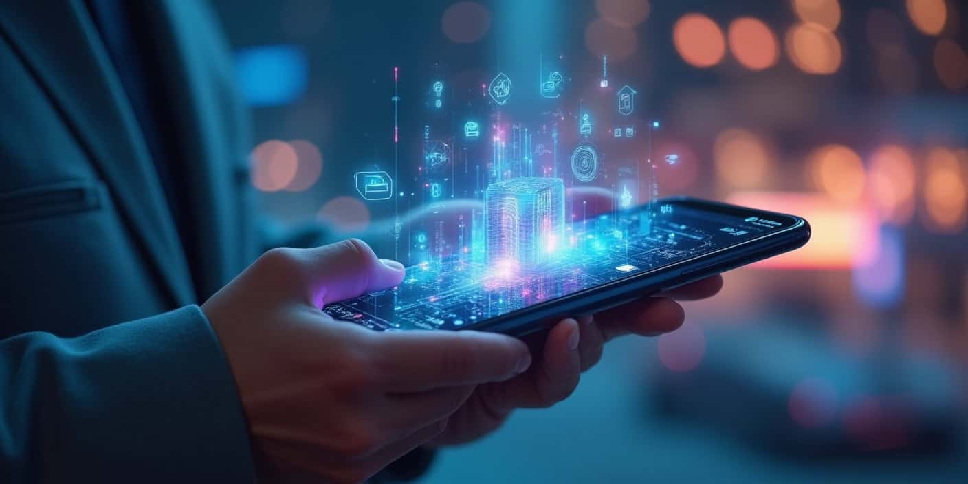 Kunden in einem modernen Mobiltelefonladen, die die neuesten faltbaren Smartphones und andere zukünft mobile Technologien erkunden, wie 5G-fähige Geräte und KI-gestützte Funktionen.