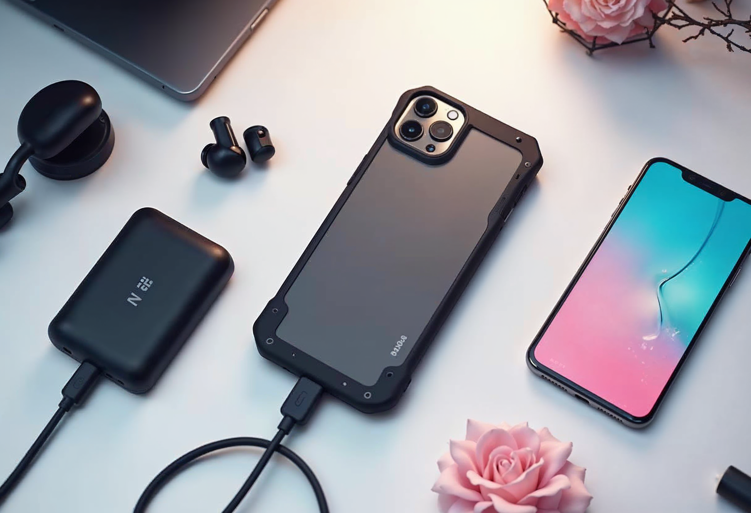 Essentielle Accessoires für den Schutz und die Funktionalität von Smartphones, inklusive robuster Handyhülle, Powerbank, kabellosen Ohrhörern und Ladekabel.