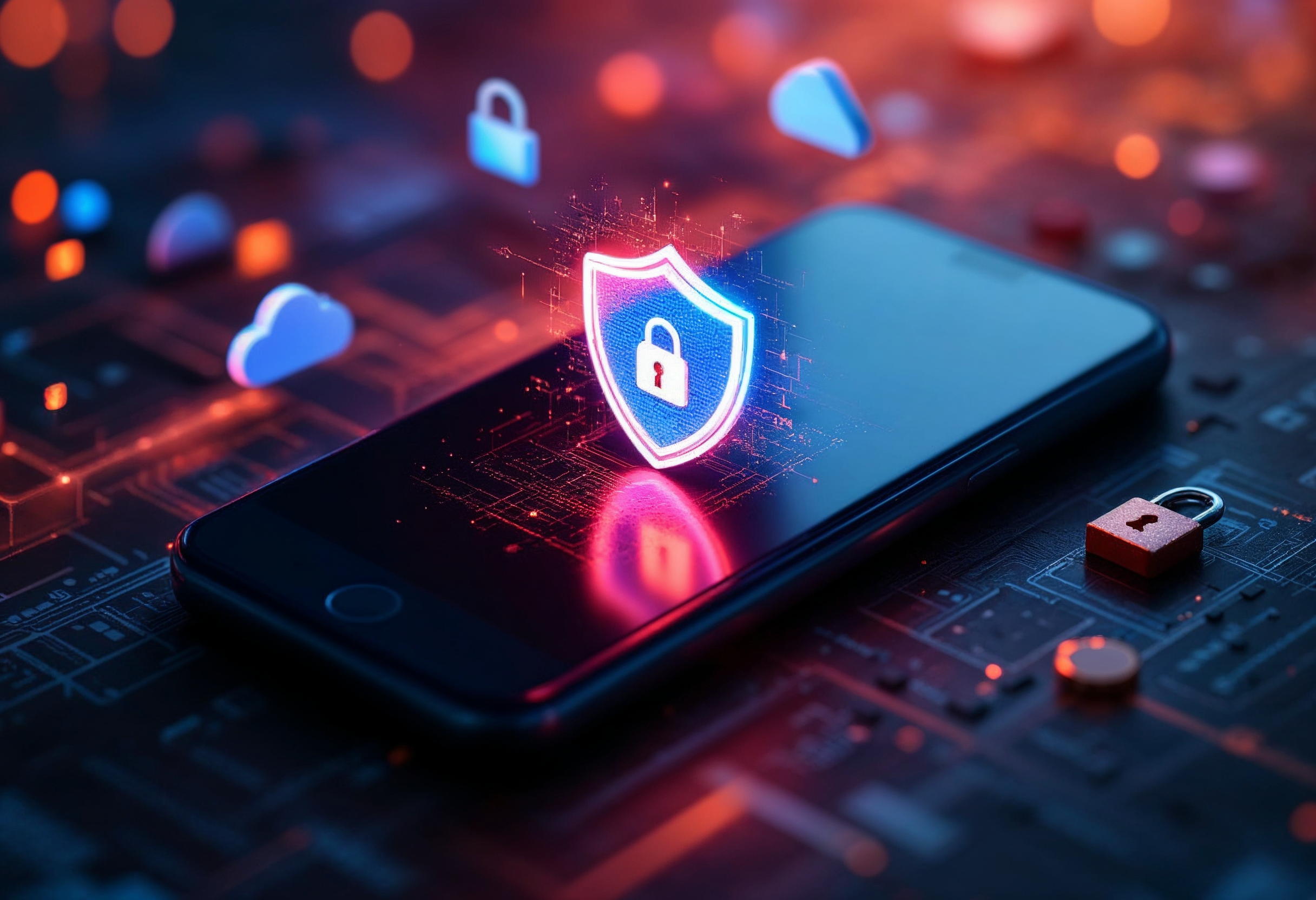 Smartphone mit leuchtendem Schildsymbol, das das sichere Löschen von Daten vor dem Verkauf eines Handyverkauf darstellt