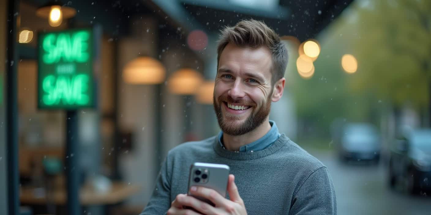 Generalüberholte Smartphone umgeben von umweltfreundlichen Elementen wie kleinen Globussen, Pflanzen und einem Etikett mit der Aufschrift 'Save,' das Nachhaltigkeit und Kosteneinsparungen betont.