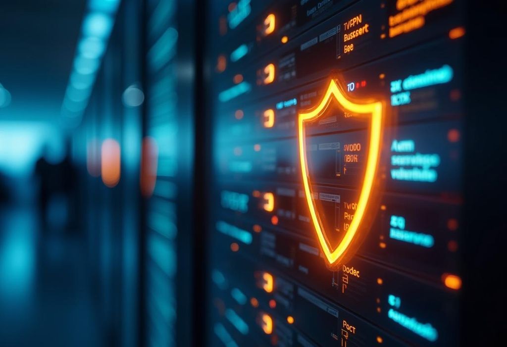Symbol einer digitalen Schutzmauer in einem Serverraum, das die Bedeutung von Netzwerksicherheit für kleine Unternehmen hervorhebt.