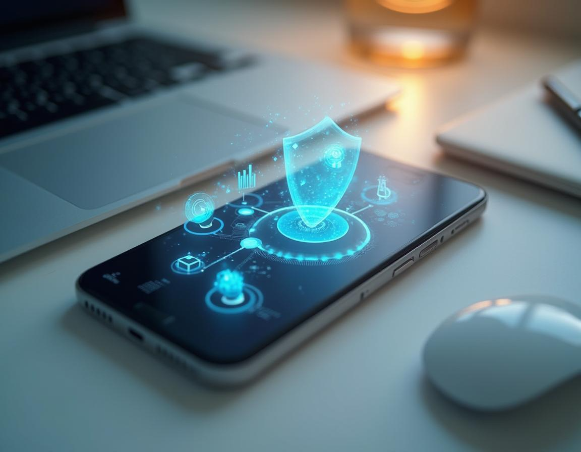 Smartphone auf einem Schreibtisch mit holografischen Symbolen für Smartphone Software-Updates, Sicherheit und Systemoptimierung. Ein leuchtendes Schildsymbol steht für Geräteschutz.