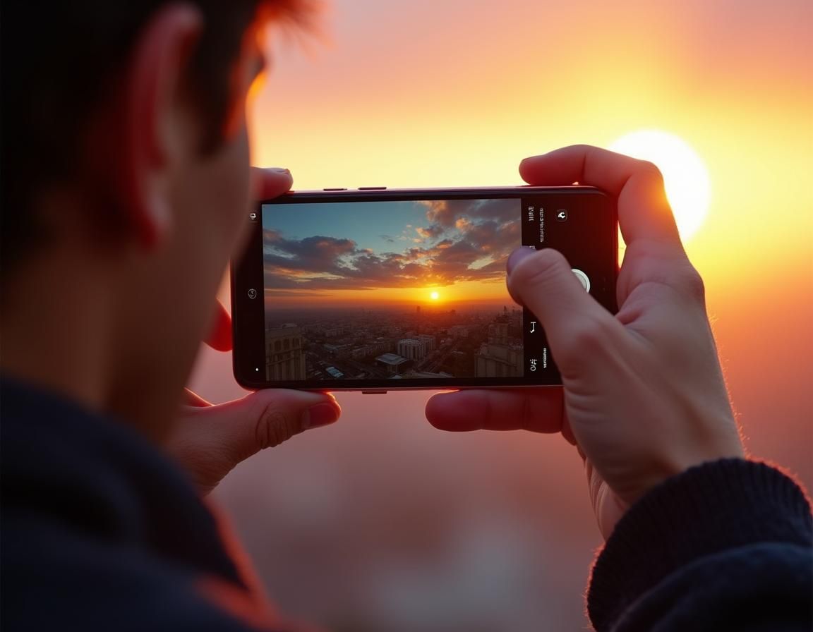 Person fotografiert einen Sonnenuntergang mit einem Smartphone, während das Display eine klare und farbenreiche Vorschau des Motivs zeigt. Perfekt für Smartphone-Fotografie.