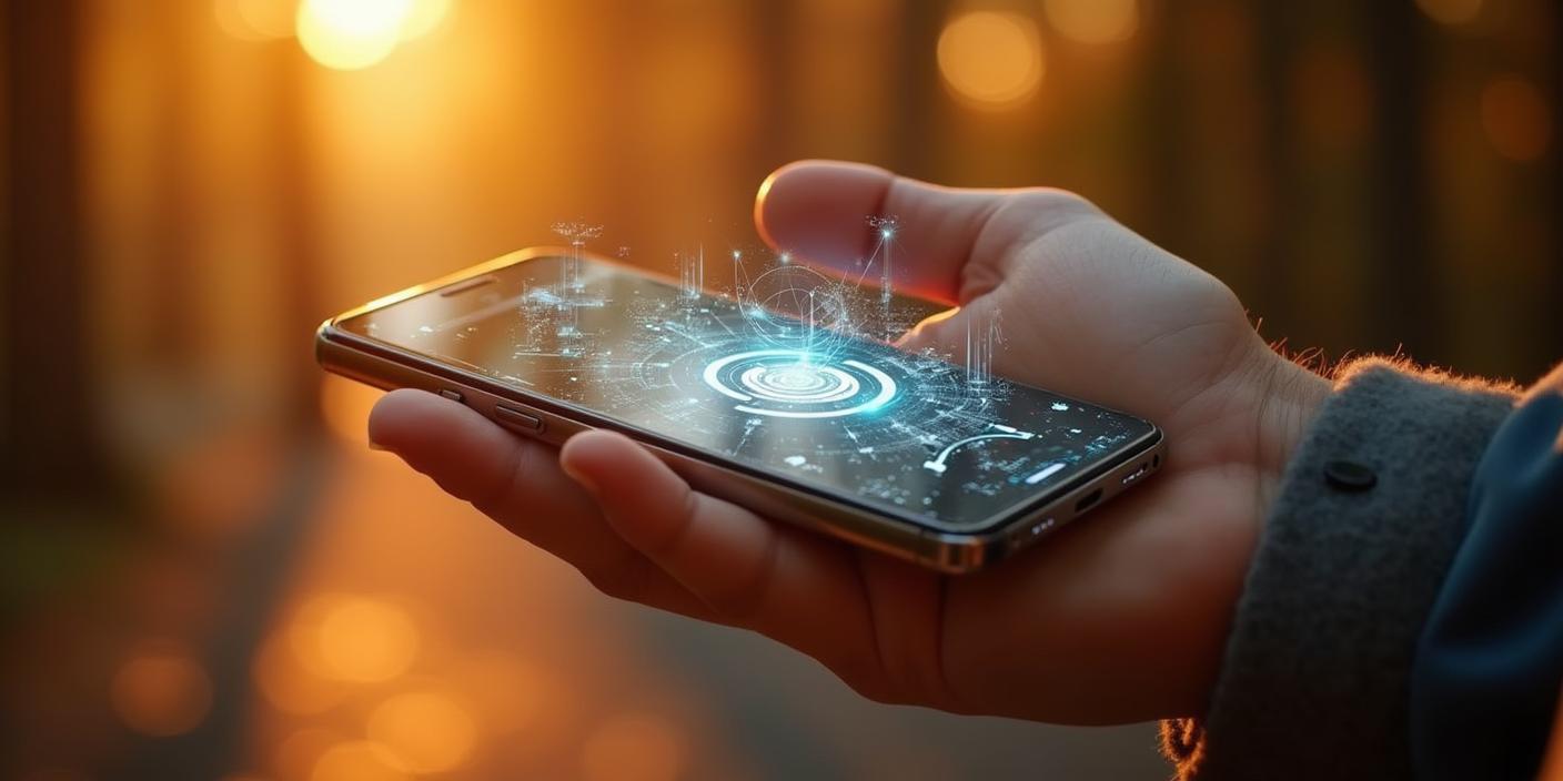 Eine Hand hält ein futuristisches Smartphone mit holografischer Benutzeroberfläche und digitalen Netzwerksymbolen. Die Darstellung symbolisiert zukünftige Smartphone-Technologien und technologische Innovationen