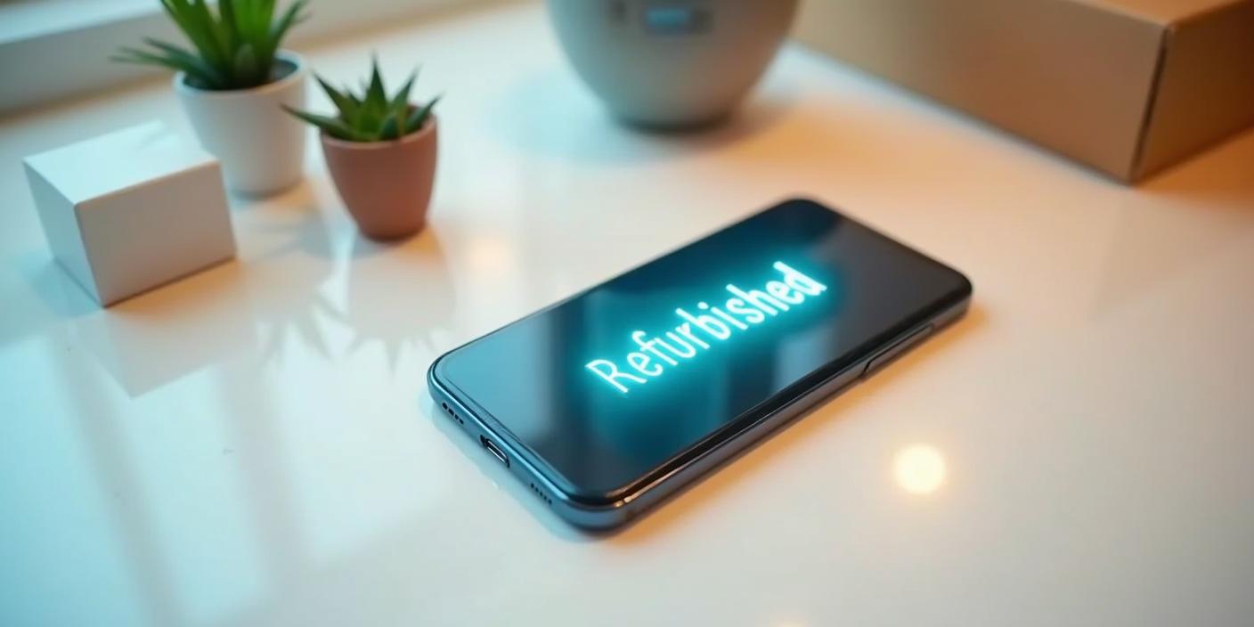 Refurbished Smartphone liegt auf einem weißen Tisch mit leuchtender Aufschrift „Refurbished“ auf dem Display, umgeben von Pflanzen und Verpackung – Darstellung für nachhaltige Refurbished Smartphones.