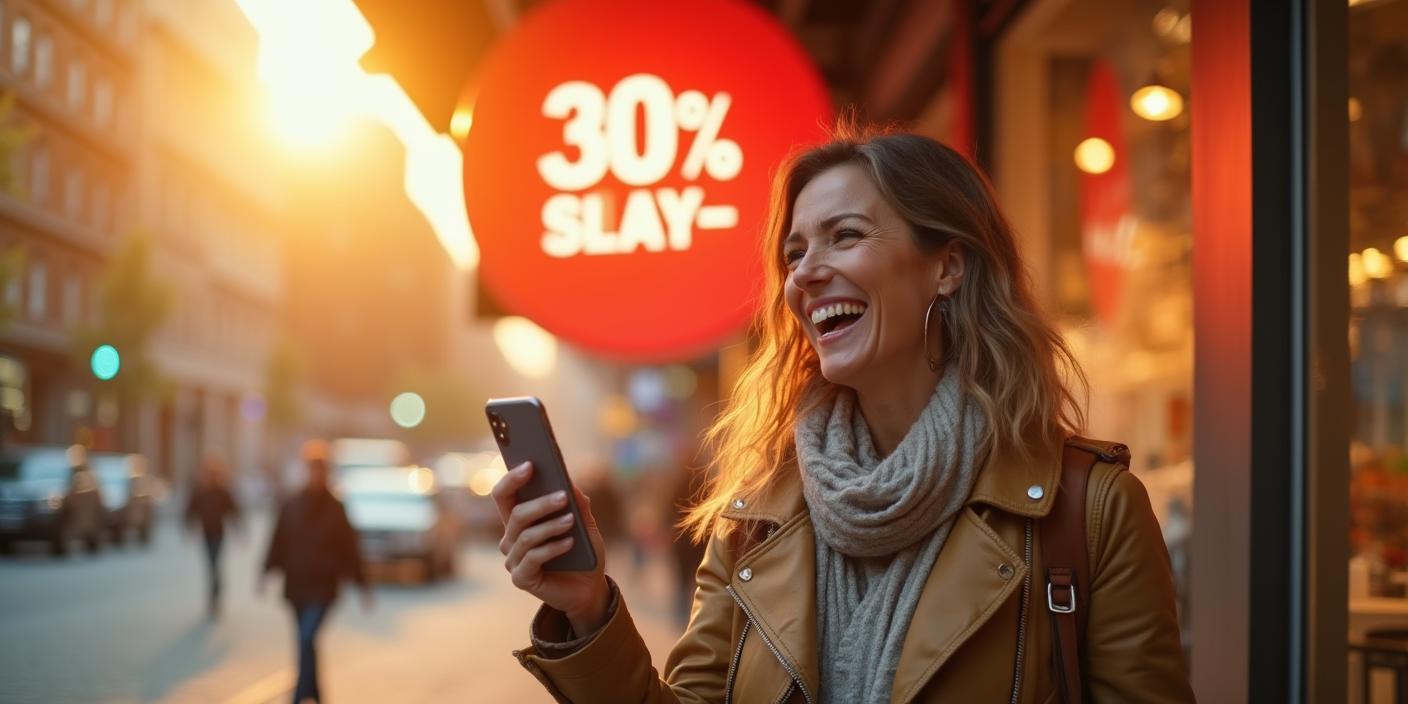 Lächelnde Frau mit Smartphone vor einem Schaufenster mit 30 %-Rabatt – Symbolbild für Handy Angebote und spontane Schnäppchen.