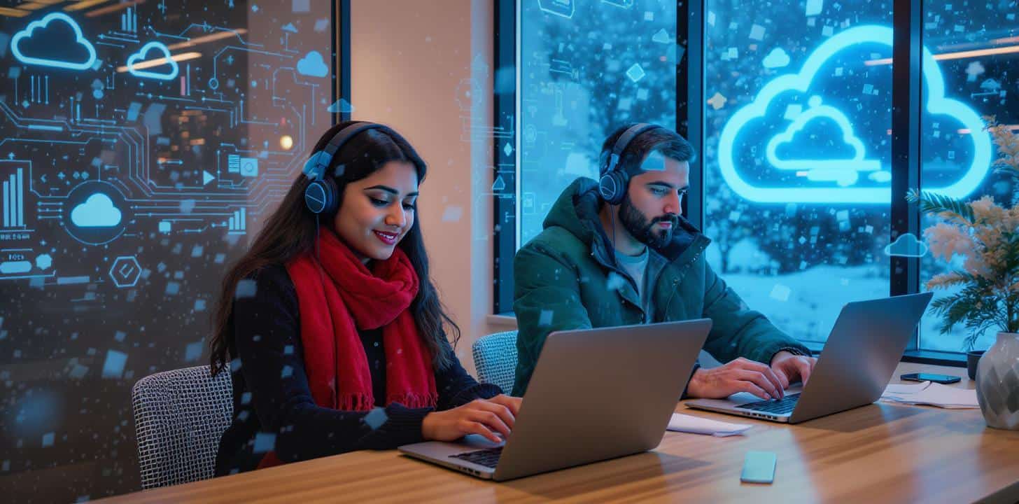 Business-Mitarbeiter nutzen eine Telefonanlage in der Cloud cloudbasierte Telefonanlage über Laptop und Headset – Symbolbild für digitale Kommunikation in Unternehmen.
