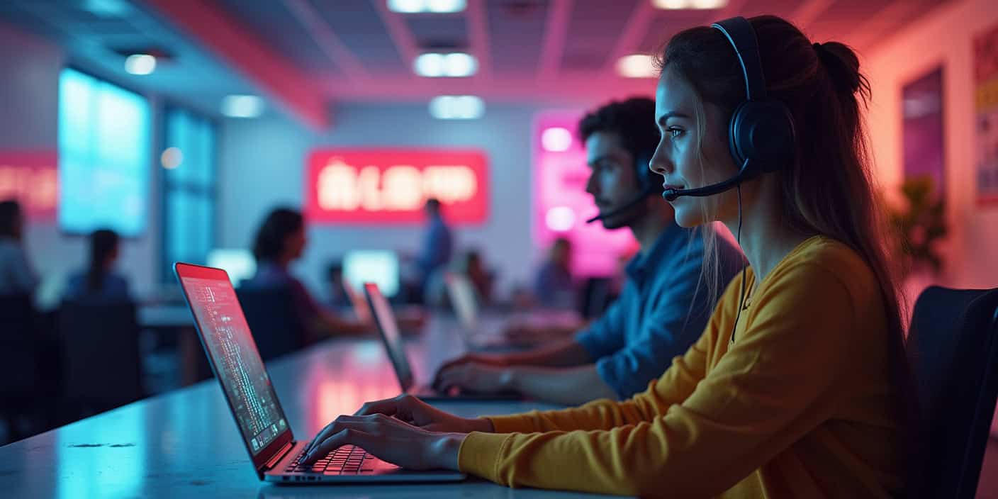 Ein kleines Team nutzt Cloud Telefonie über Laptop und Headset – Symbolbild für moderne, professionelle Kommunikation in kleinen Unternehmen.