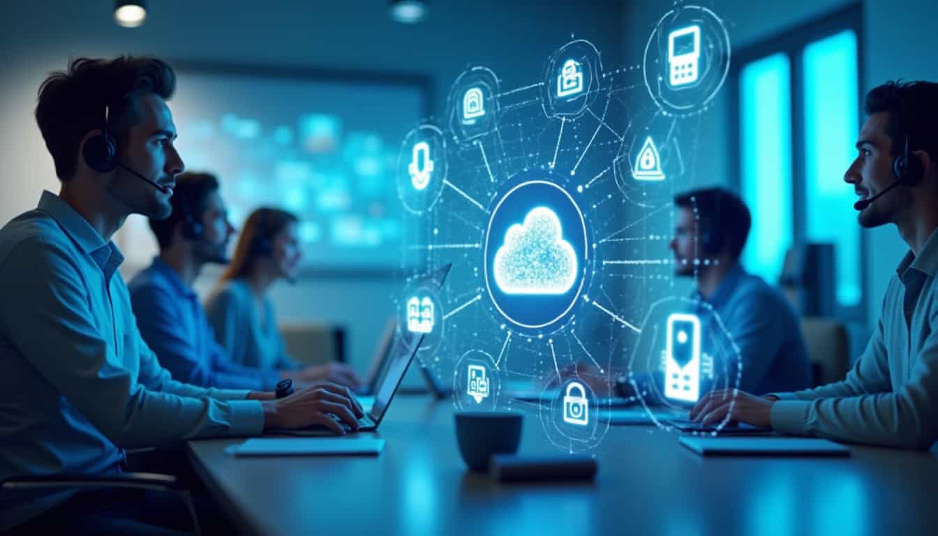 Illustration zeigt eine Telefonanlage für Remote Teams mit Mitarbeitenden, die über verschiedene Standorte hinweg kommunizieren – per App und Laptop.