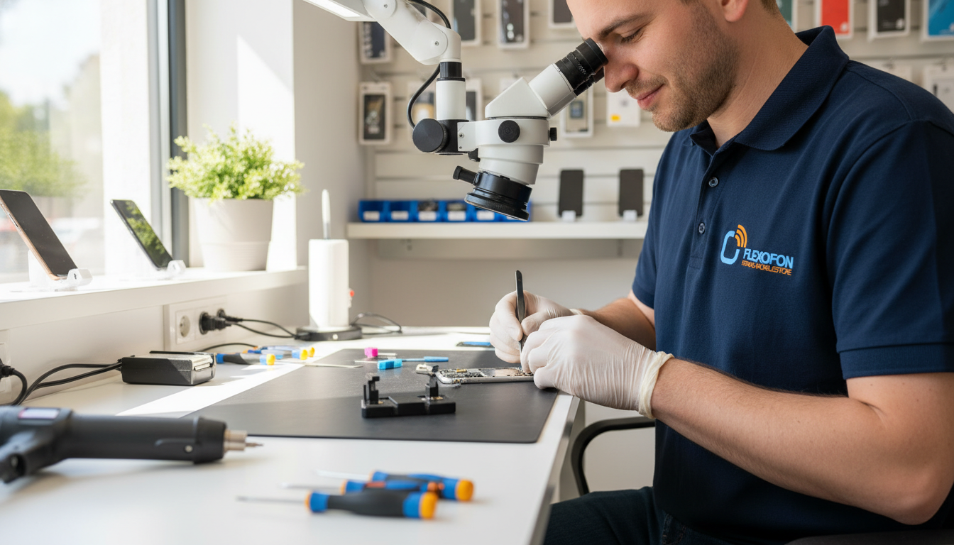 Techniker arbeitet im Handy Reparatur Laden in Geesthacht – schnelle Hilfe und Qualität vor Ort.