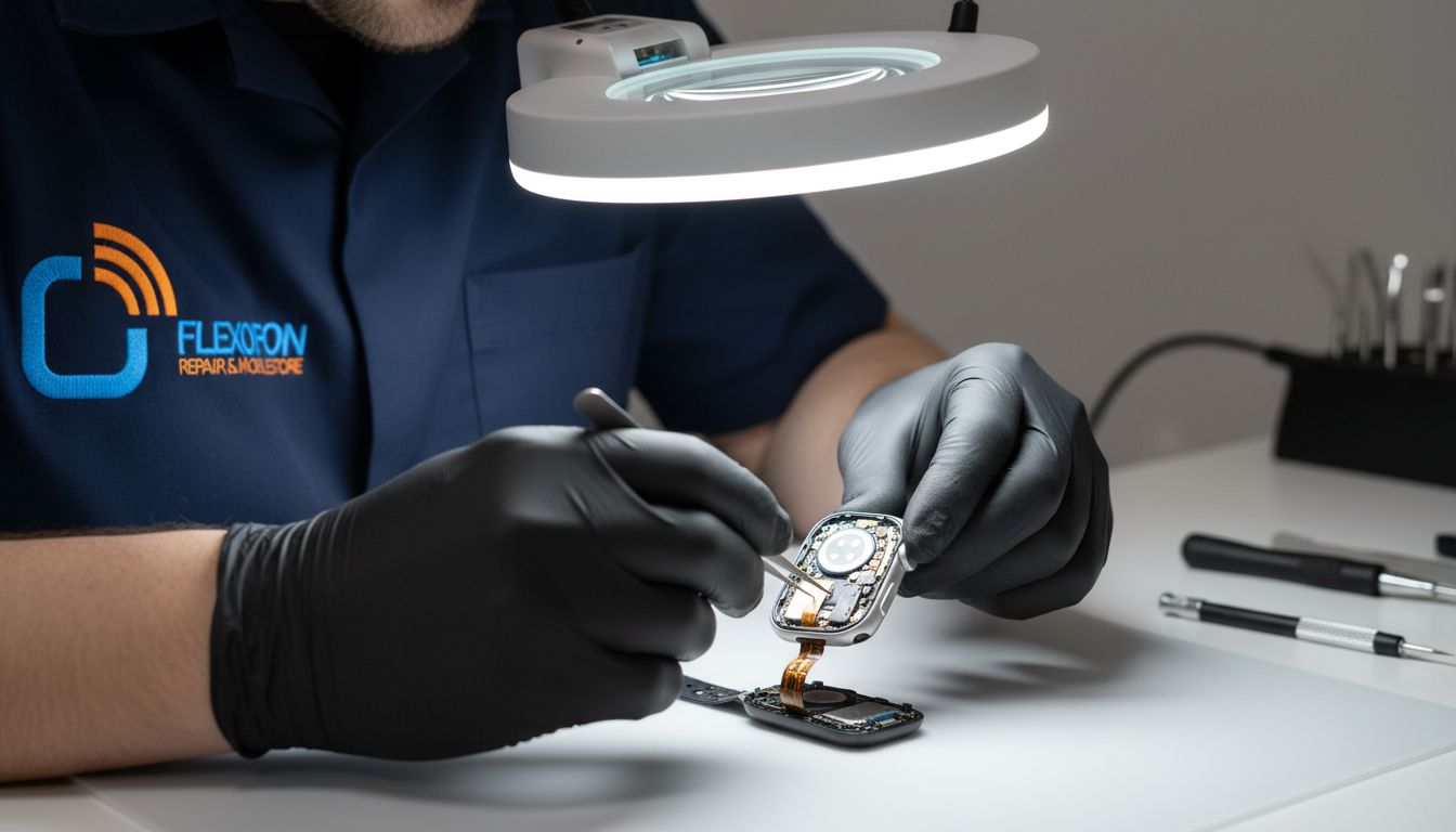 Techniker repariert eine Apple Watch reparatur 2026 in moderner Werkstatt – Symbol für schnelle.