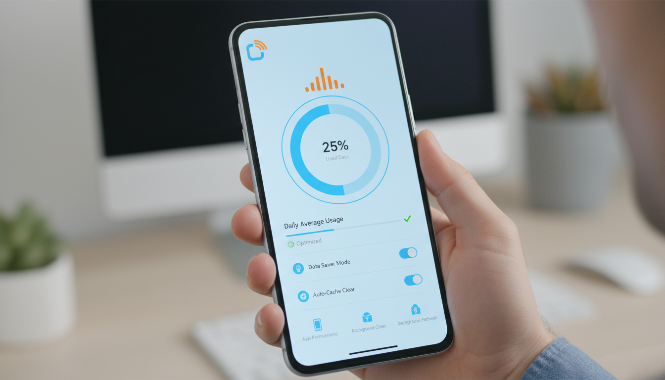Datenverbrauch reduzieren 2026 – Smartphone mit Anzeige zur mobilen Datennutzung und optimierten Einstellungen