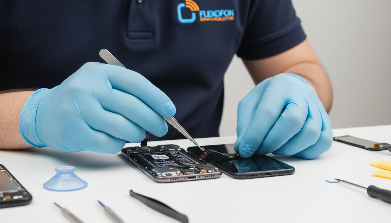 Smartphone Ersatzteile 2026 – Techniker arbeitet mit Original und OEM-Bauteilen für nachhaltige Reparatur und hohe Qualität.