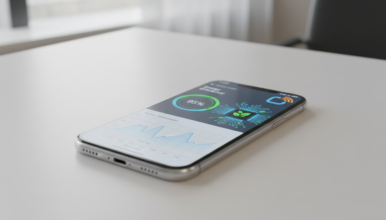 Smartphone Energieverbrauch 2026 – Darstellung energieeffizienter Chips und Displays für nachhaltige mobile Technologie.