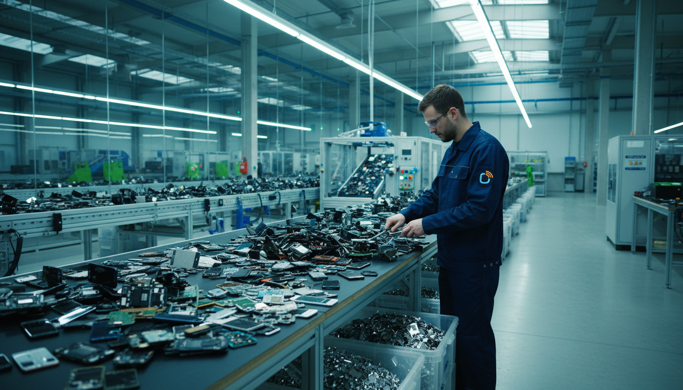 Kreislaufwirtschaft Elektronik 2026 – moderne Recyclinganlage zur Wiederverwertung von Smartphones und Bauteilen für nachhaltige Produktion.