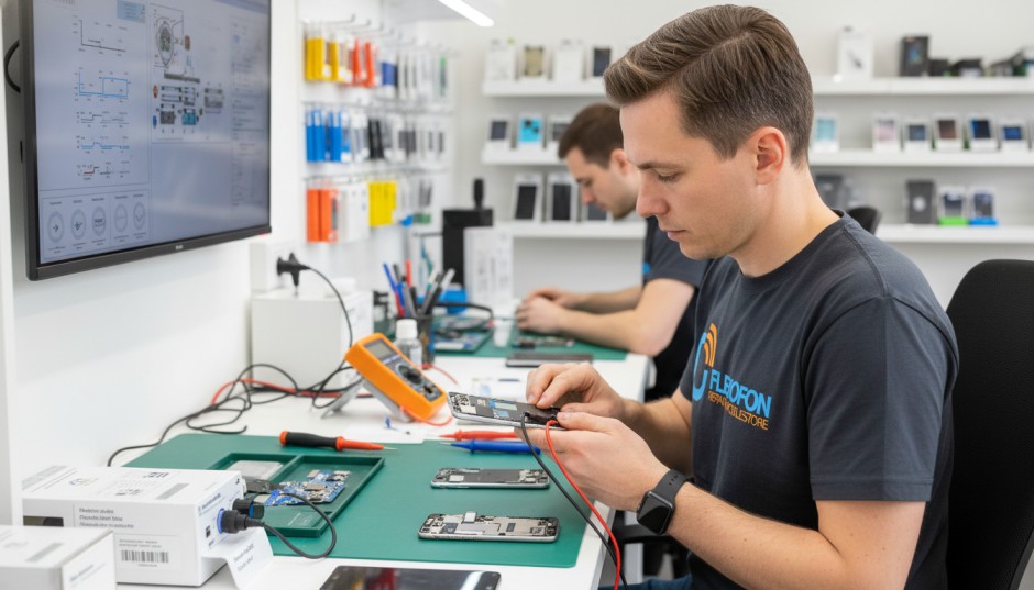 Refurbished Smartphone 2026 – Generalüberholtes Smartphone wird technisch geprüft in Werkstatt