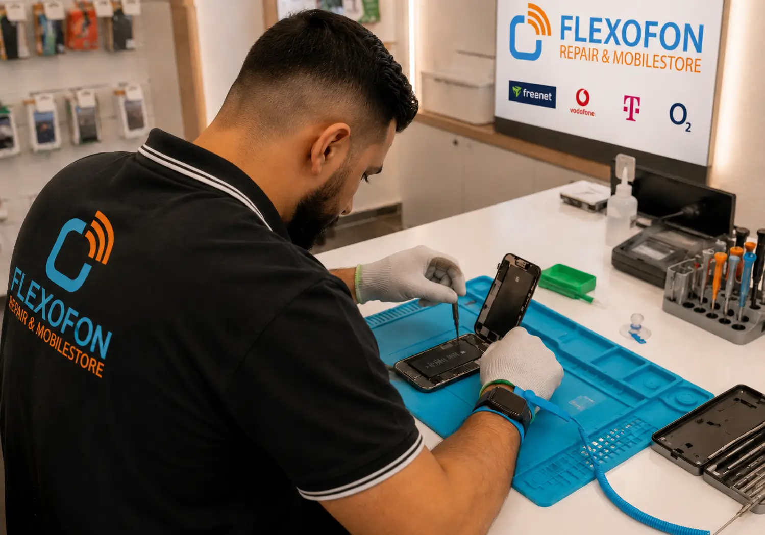 iPhone mit defektem Display auf Reparaturtisch bei Flexofon in Geesthacht