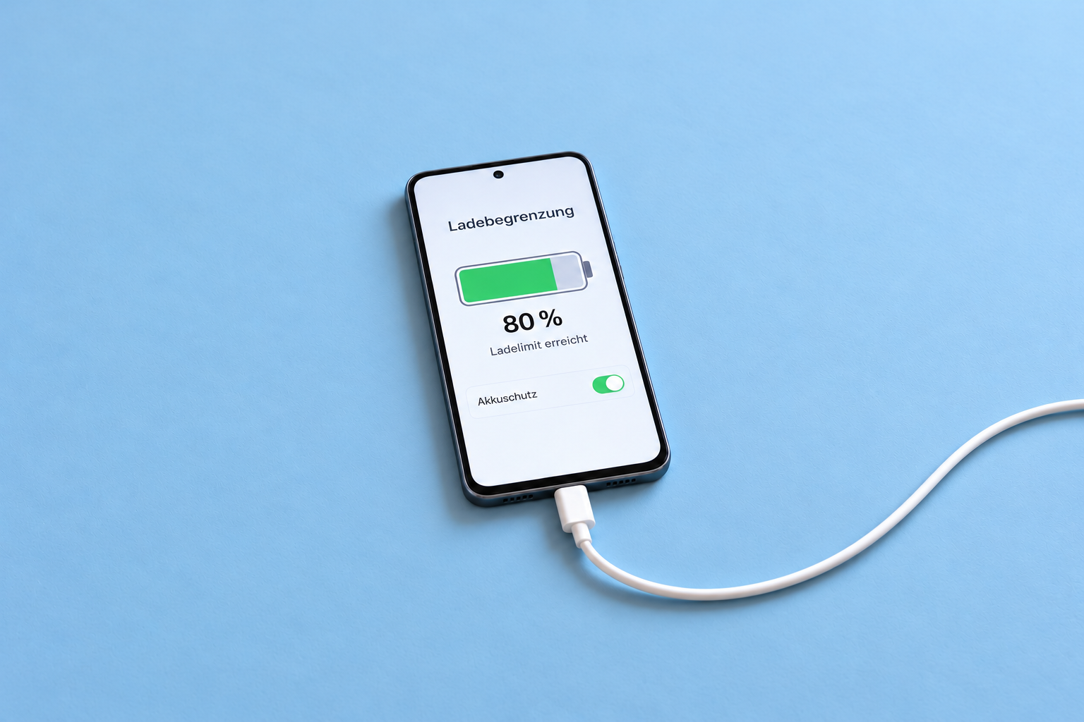 Symbolbild: Smartphone am Ladekabel mit 80 Prozent Akkustand, erreichtem Ladelimit und aktiviertem Akkuschutz.