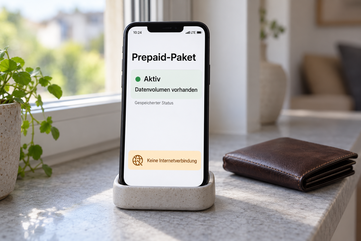 Symbolbild: Smartphone mit gespeichertem aktivem Prepaid-Paket und vorhandenem Datenvolumen, aber dem Hinweis „Keine Internetverbindung“.