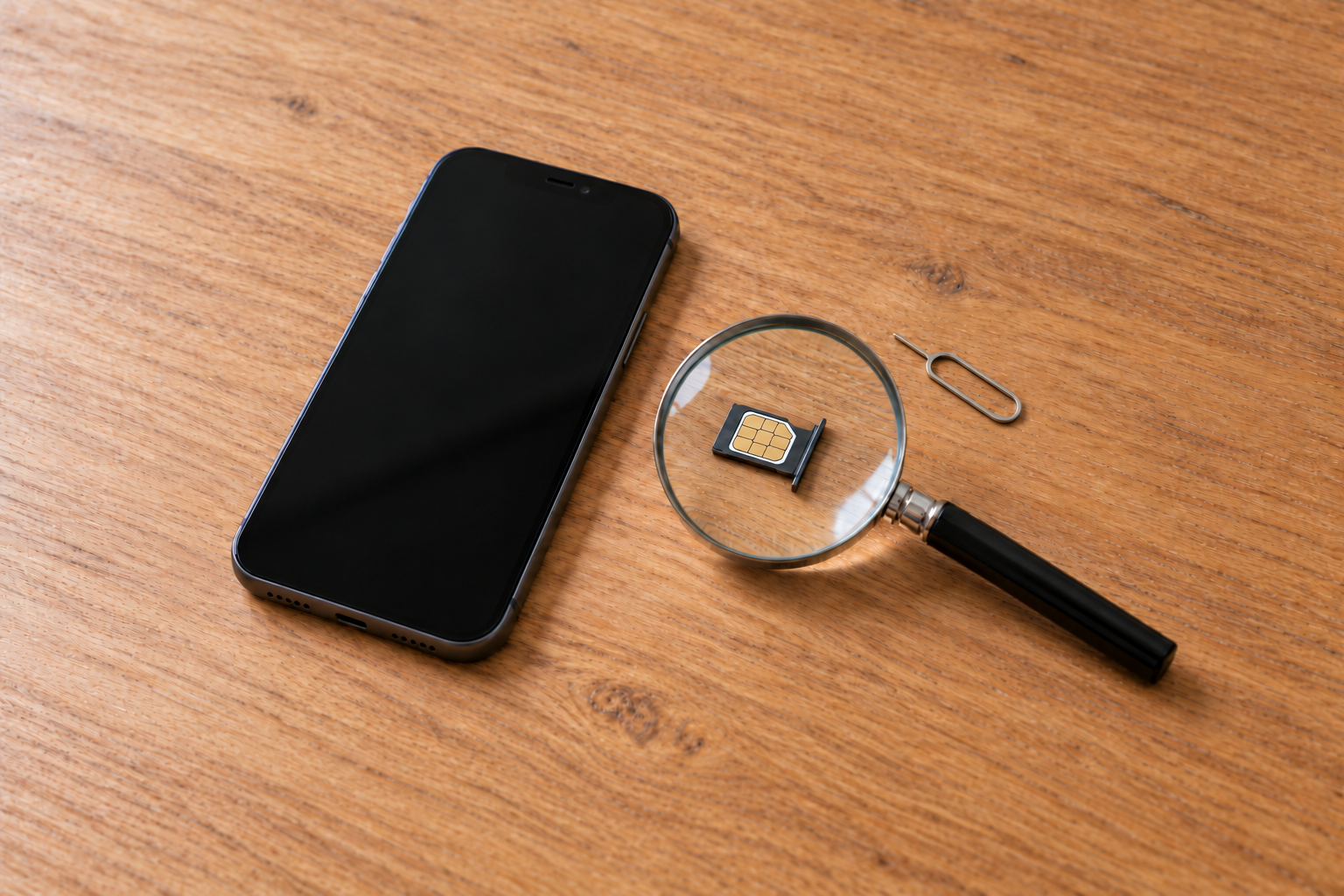 Symbolbild: Ausgeschaltetes Smartphone neben einer SIM-Karte im herausgenommenen Schlitten unter einer Lupe und einem SIM-Werkzeug.