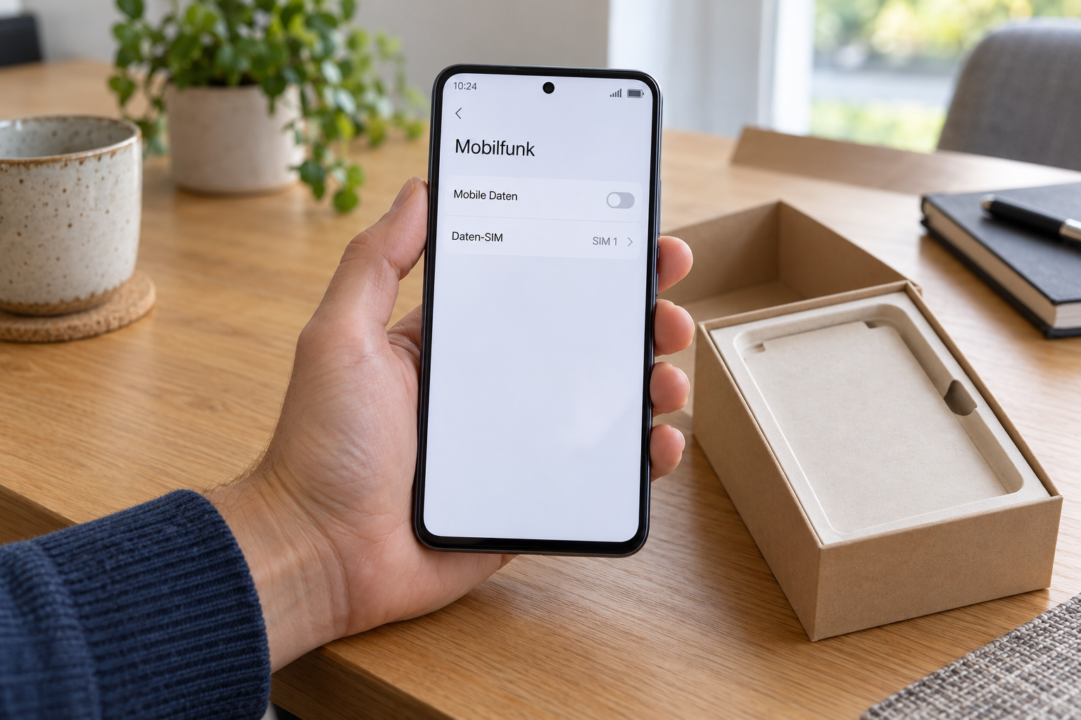 Symbolbild: Neues Smartphone neben seiner Verpackung mit ausgeschalteten mobilen Daten und ausgewählter Daten-SIM.