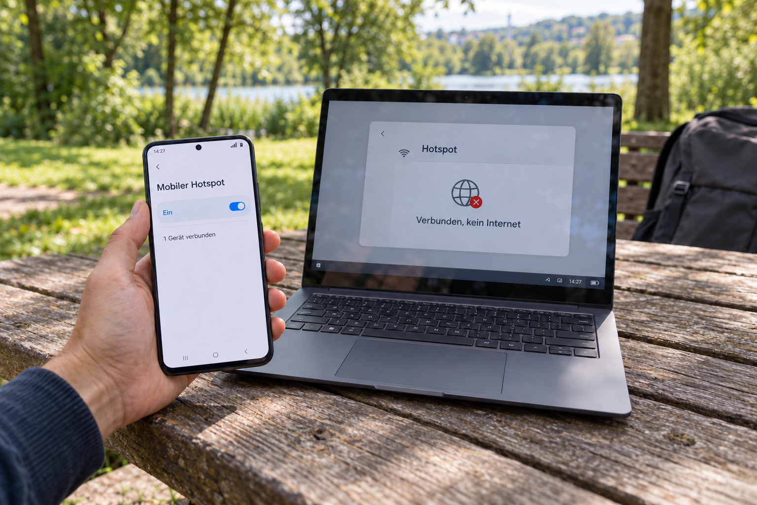 Hotspot verbunden, aber kein Internet: Warum Laptop oder Tablet trotzdem offline bleiben 1 Hotspot verbunden, aber kein Internet: Warum Laptop oder Tablet trotzdem offline bleiben Symbolbild: Aktivierter Smartphone-Hotspot mit verbundenem Notebook, das weiterhin keinen Internetzugang hat.