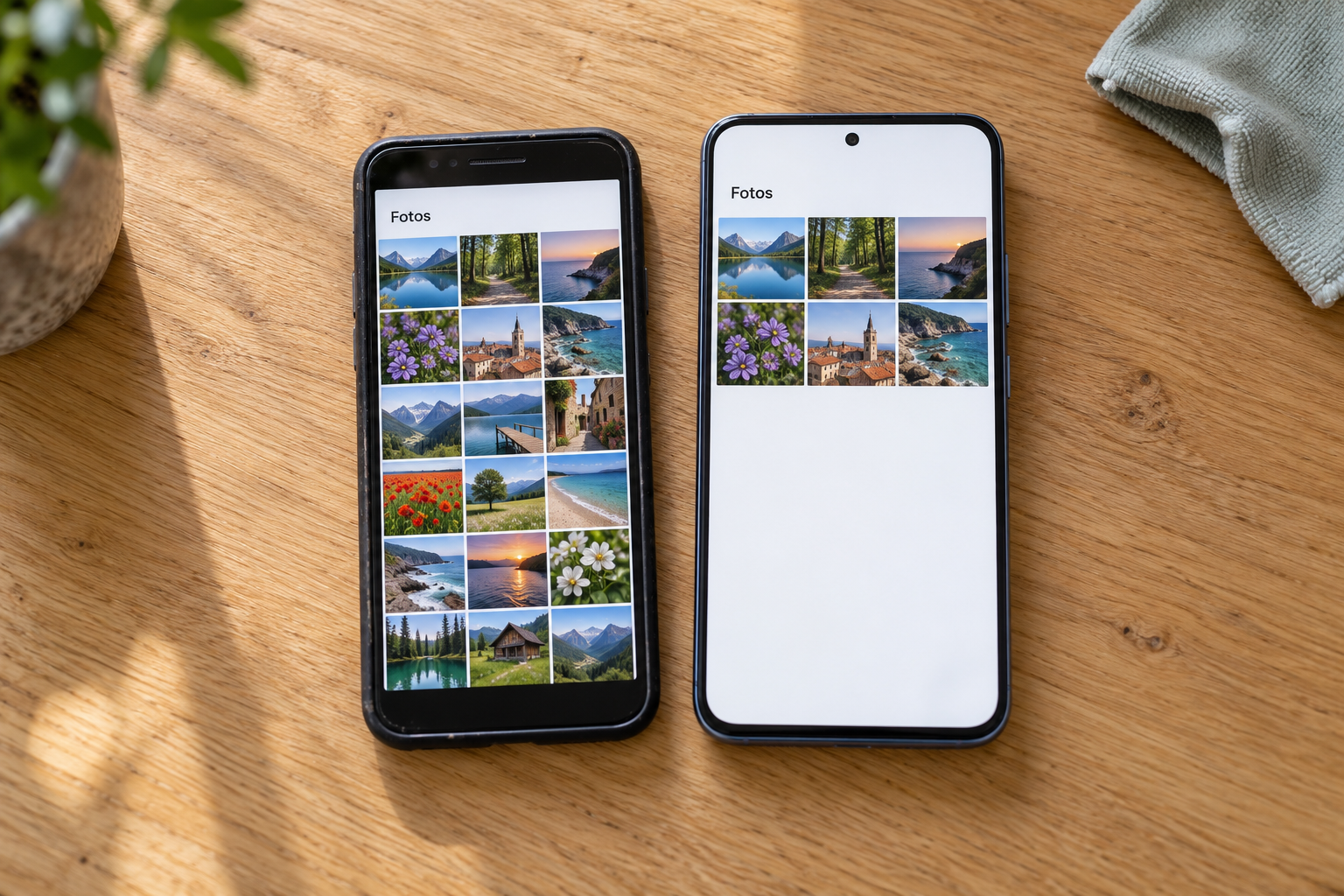 Symbolbild: Altes und neues Smartphone mit unterschiedlich vielen Fotos in der Galerie nach dem Handywechsel.