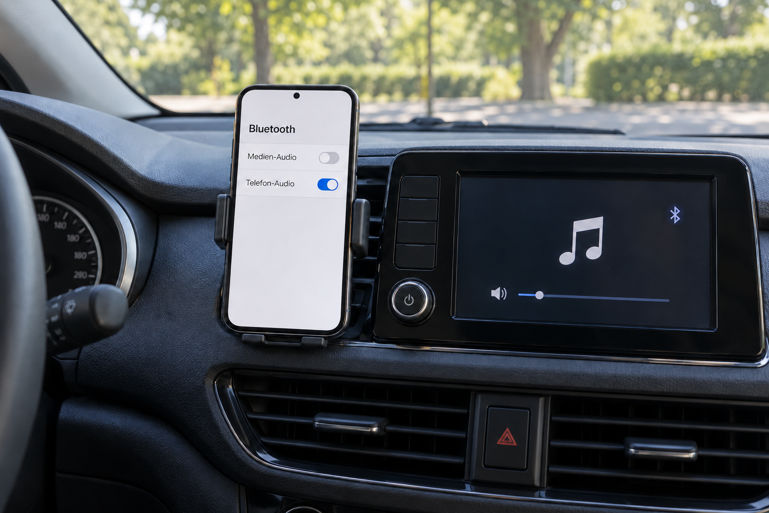Symbolbild: Smartphone im stehenden Auto mit deaktiviertem Medien-Audio und aktiviertem Telefon-Audio neben dem Autoradio.