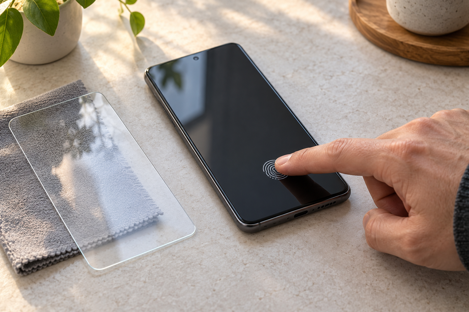 Symbolbild: Finger testet den Fingerabdrucksensor eines Smartphones neben einem transparenten Displayschutzglas.