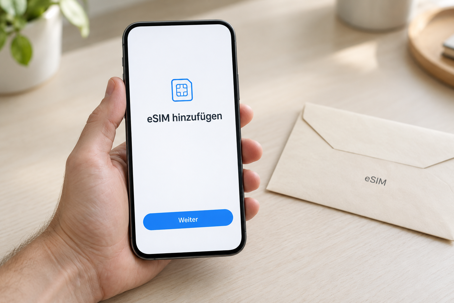 Illustration einer eSIM-Einrichtung: Smartphone mit der Anzeige „eSIM hinzufügen“ und neutralem Umschlag.
