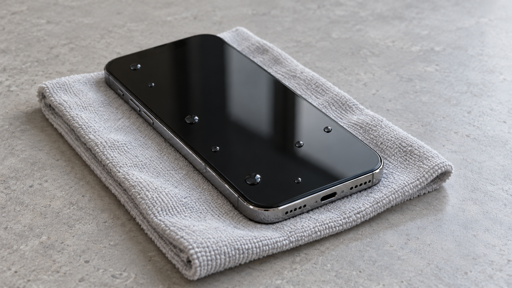 Smartphone mit Wassertropfen auf dem Display liegt ohne angeschlossenes Kabel auf einem Tuch