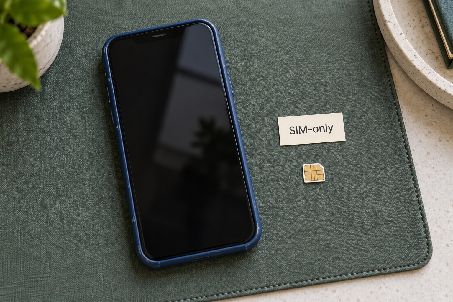 Vorhandenes Smartphone in einer Schutzhülle neben einer SIM-Karte und dem Hinweis „SIM-only“.