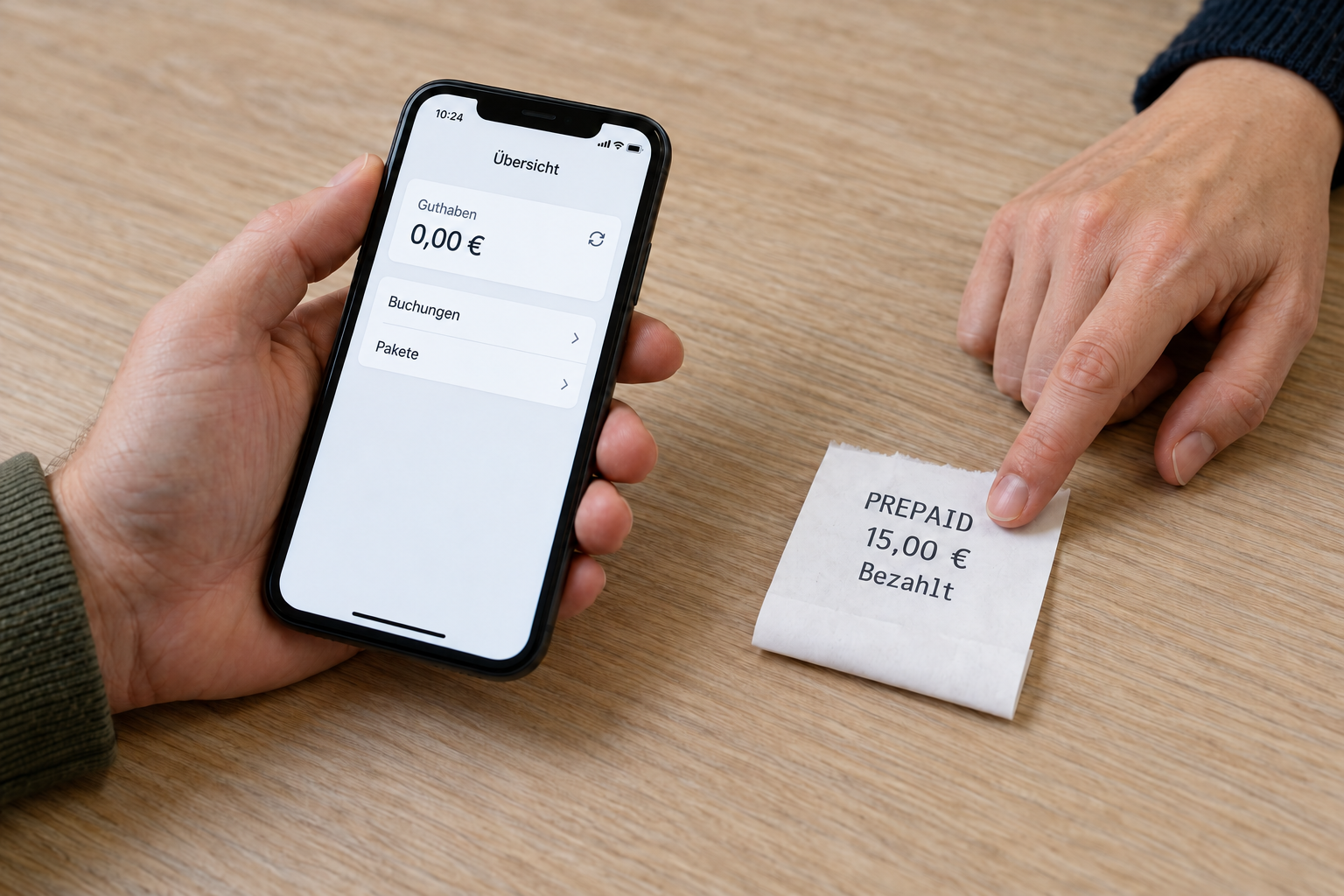 Symbolbild: Bezahlter Prepaid-Beleg über 15 Euro neben einem Smartphone mit 0 Euro Guthaben.