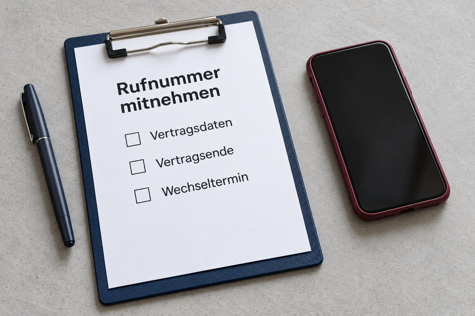 Rufnummer mitnehmen in Geesthacht: So klappt der Tarifwechsel ohne Stress 1 Rufnummer mitnehmen in Geesthacht: So klappt der Tarifwechsel ohne Stress Smartphone neben einer Checkliste zur Rufnummernmitnahme mit Vertragsdaten, Vertragsende und Wechseltermin.