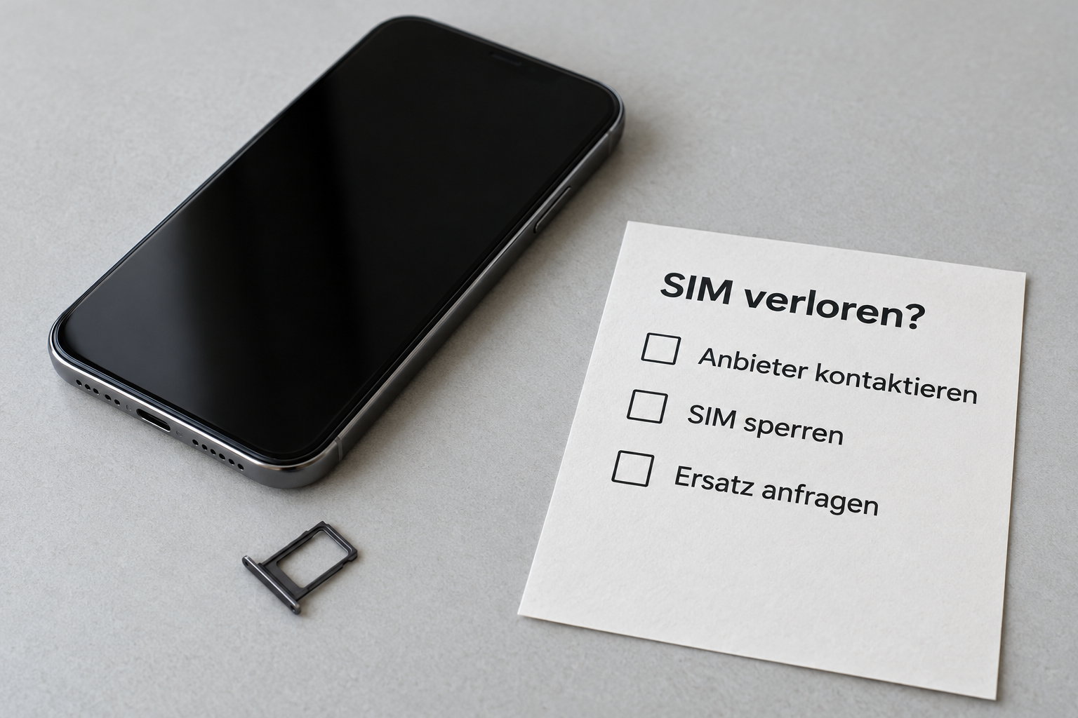 Smartphone, leerer SIM-Kartenschlitten und Checkliste nach einem SIM-Verlust.